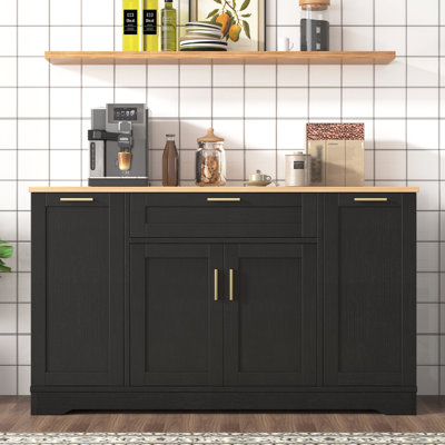 Multi-Functional Storage Sideboard, Extendable Dining Table, Adjustable Shelves, 3-Tier Pull-Out Rack, Kitchen Island Storage for Kitchen, Dining Room, Living Room (Black)