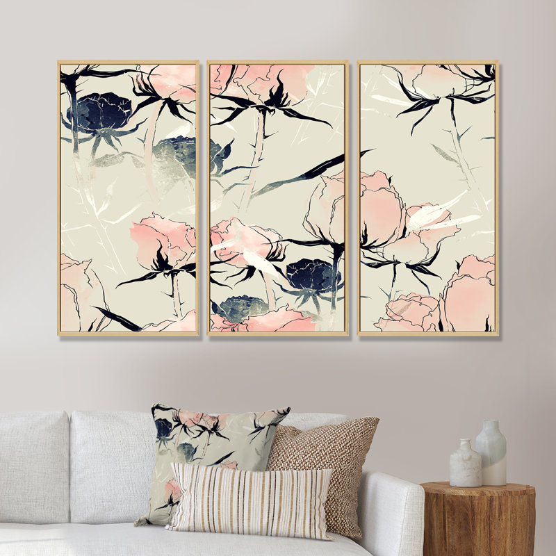«Pink Pastel Roses», reproduction sur toile flottante 3 pièces, H 28 po x l 36 po x P 1 po, Cadre brun
