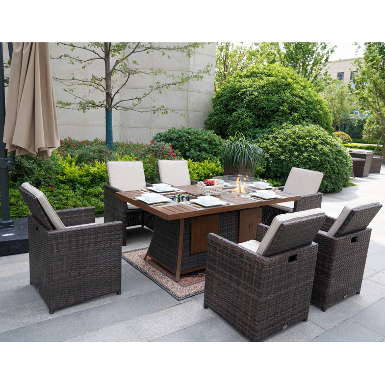 6 - Person Wicker Patio Dining Set with Rectangular Table , Cushions Included
