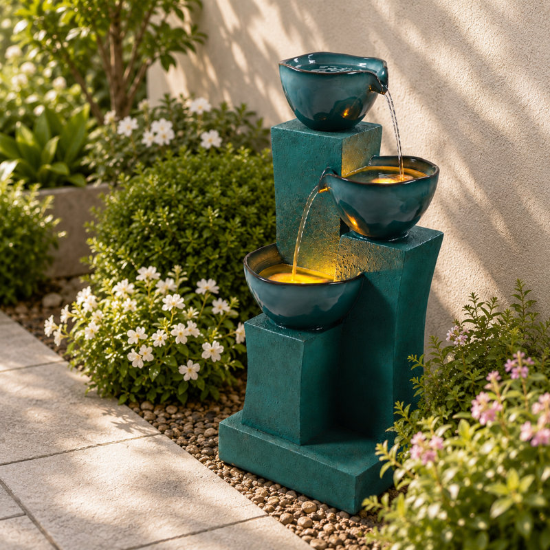Jeany 28.54" Outdoor Water Fountain with LED Lights, Green