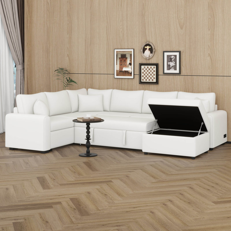 Canapé modulaire en chenille de 112,2 po, canapé-lit escamotable avec repose-pieds, sièges de rangement et port de charge USB, trois coussins