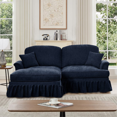 Elegant Mid Century Large Two Seater Modular L Shaped Sofa Couch with Flared Arms and Removable Ruffles Pleats Skirts and Spindle Legs,Comfy Chenille Loveseat Sofa with Movable Ottoman,Blue