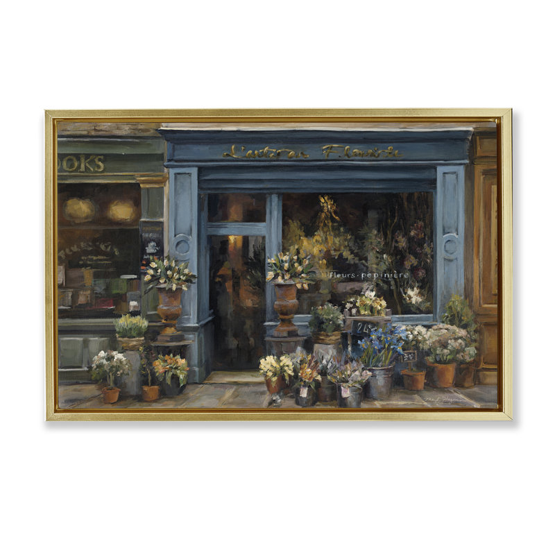 Fleuriste, devant une ville, art encadré flottant par Marilyn Hageman, Cadre flottant métallique doré, H 21 po x l 31 po