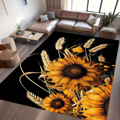 Tapis de sol tournesol jaune, tapis décoratif tournesol champêtre, tapis antidérapant rustique pour salon, chambre, style ferme, intérieur, à poils courts, lavable, 183 x 250 cm