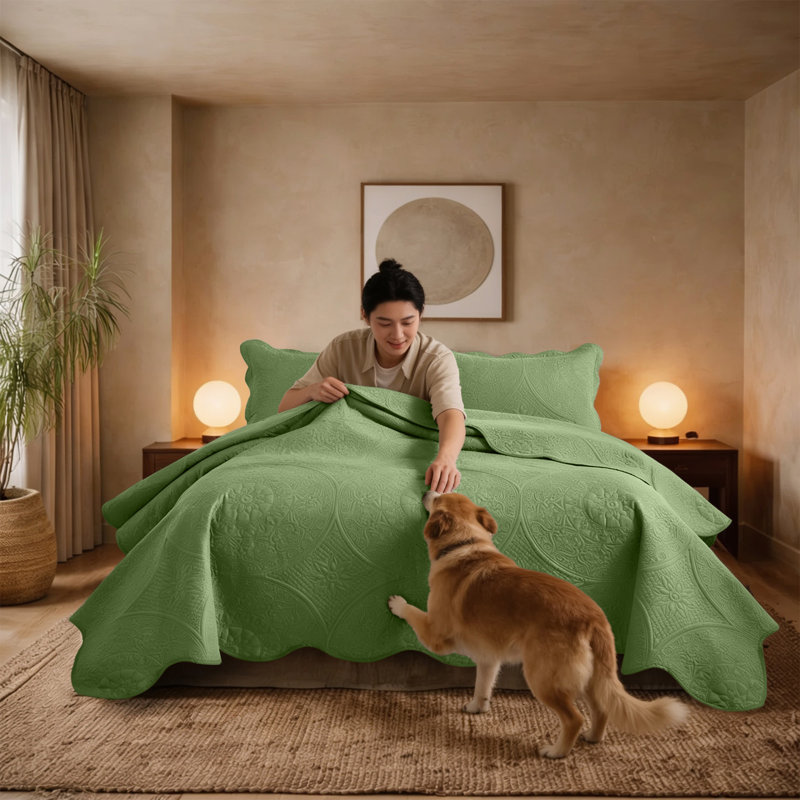 Floral Embossed Microfiber Quilted Bedspread Set, Olive Green, California King Bedspread + 2 King Pillowcases