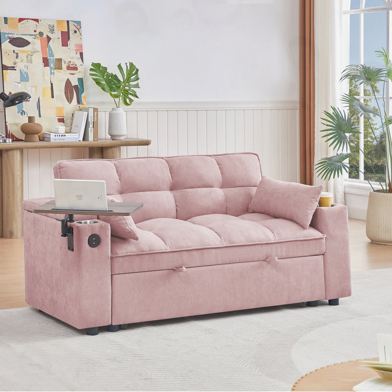 Causeuse en chenille avec accoudoir de rangement, port USB et table d'appoint, Rose