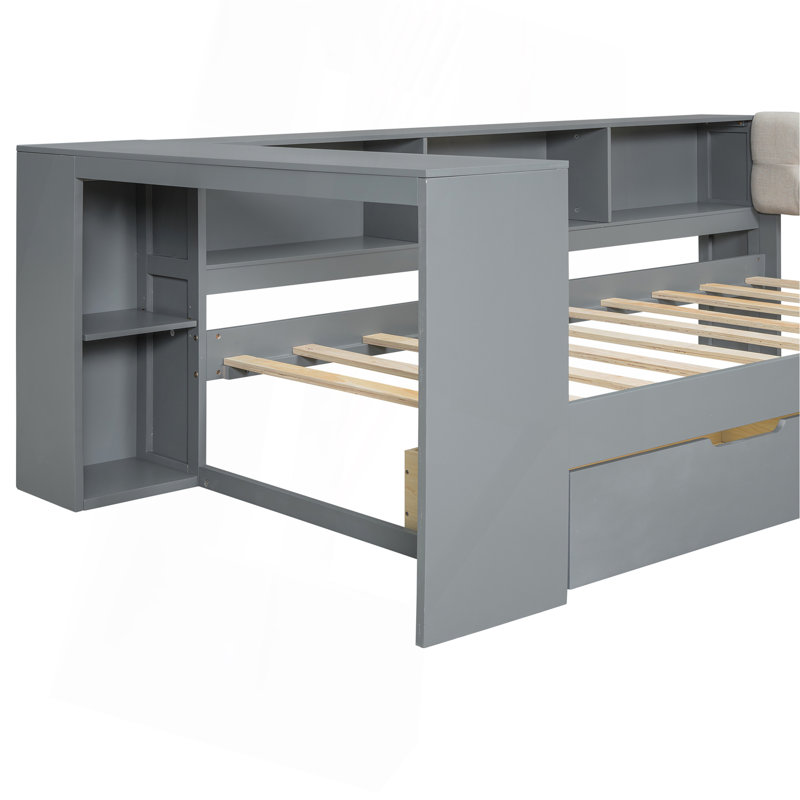 Lit plateforme avec tablettes de rangement, tiroirs, station de charge et tête de lit tapissier, Gris, Lit simple