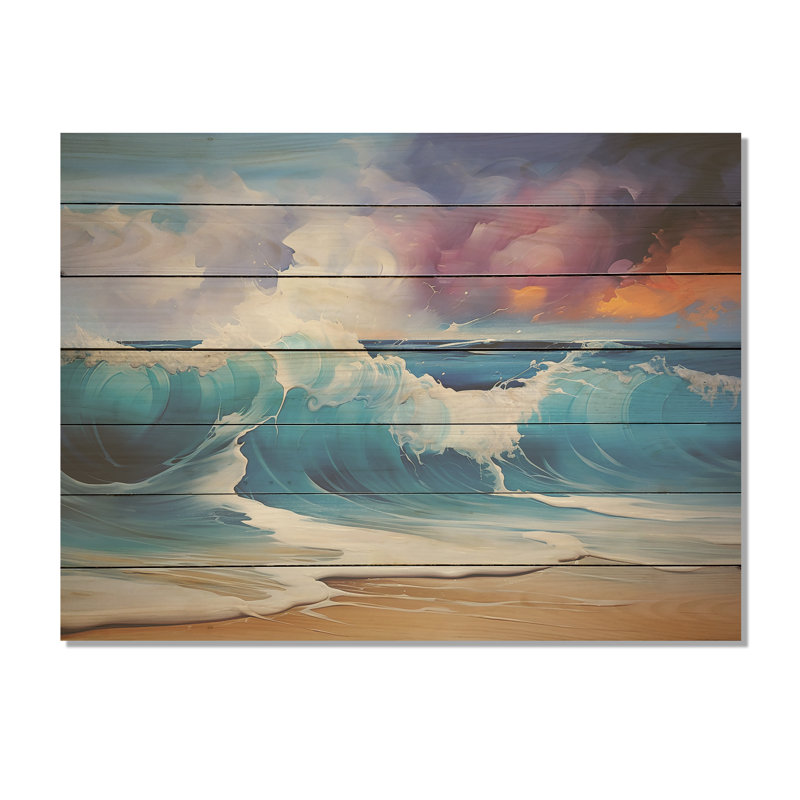 Shorline Waves Sunset I - vagues côtières sur bois, H 34 po x l 44 po x P 0,78 po
