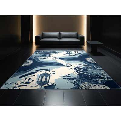 Tapis abstrait gris audacieux et éclectique Paizlea lavable à la machine - Reliure bleu ciel