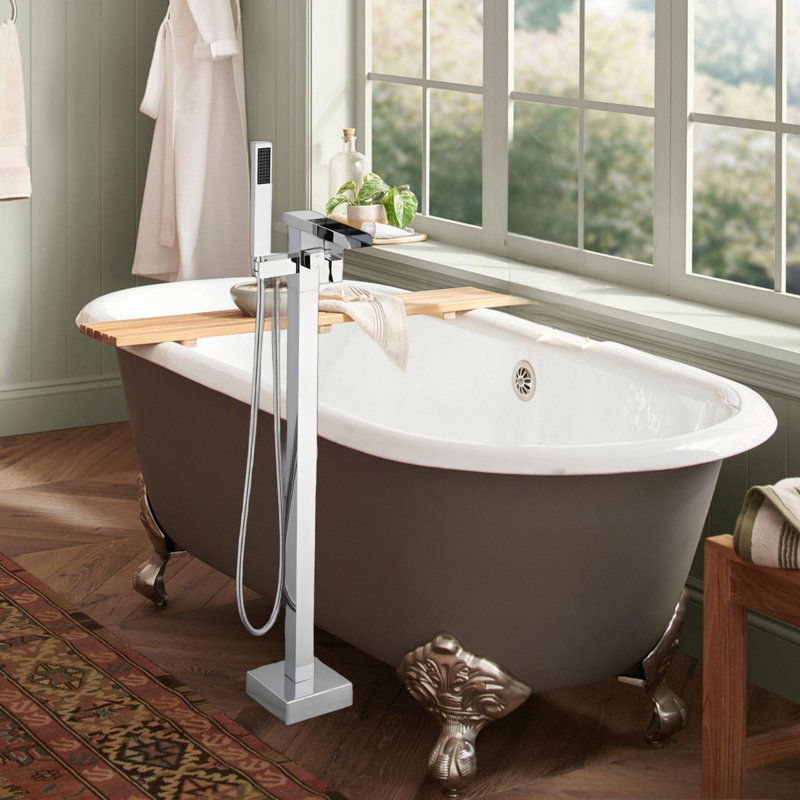 Robinet de baignoire sur pied pour salle de bain avec robinet à fixation au sol et douche à main, Chrome