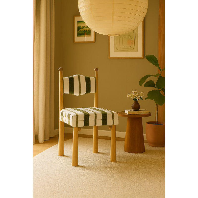 Chaise Kenyatta Bol Sant, Mélange de polyester à rayures vertes / blanches, Bois jaune clair