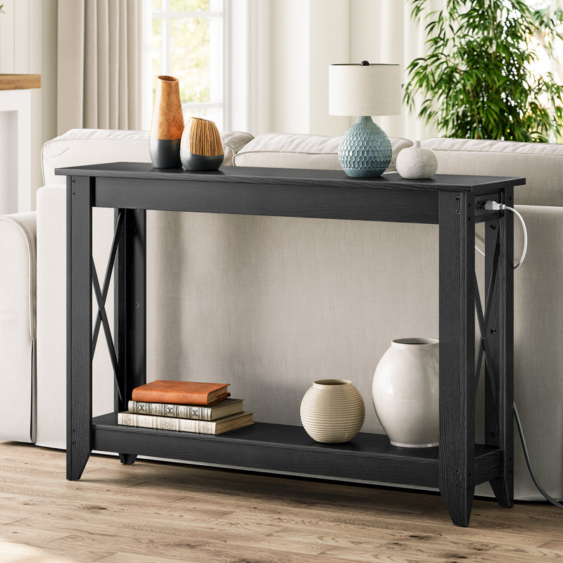 Samha 47.2'' Console Table with Charging Station, Black Top/Black Base