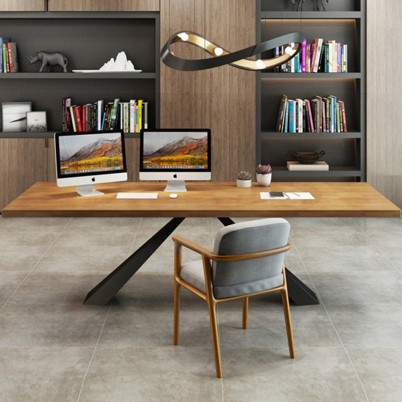 70.87" Light-brown+Black Rectangular Solid Wood+Iron Office Sets