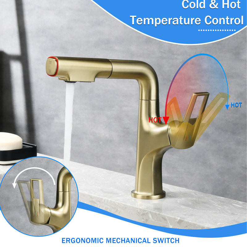 Brushed Gold, Vessel Sink Faucet, Spout Height, 360 Swivel, Dual Spray Retractable Hose, One - Touch Rinse, Brushed Gold