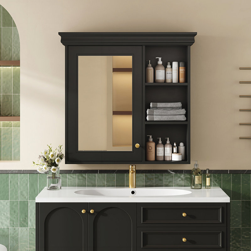 Armoire à pharmacie de salle de bain avec miroir, organisateur de rangement mural, armoire noire au-dessus de la toilette