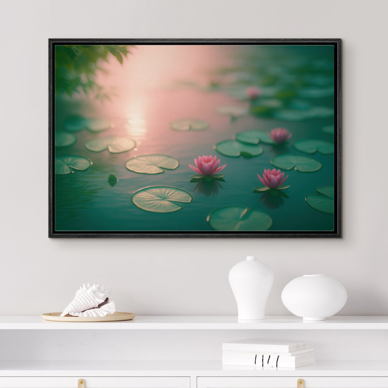 Doux étang de lotus rose au coucher du soleil, reproduction d'art sur toile encadrée dans la chambre principale, Noir