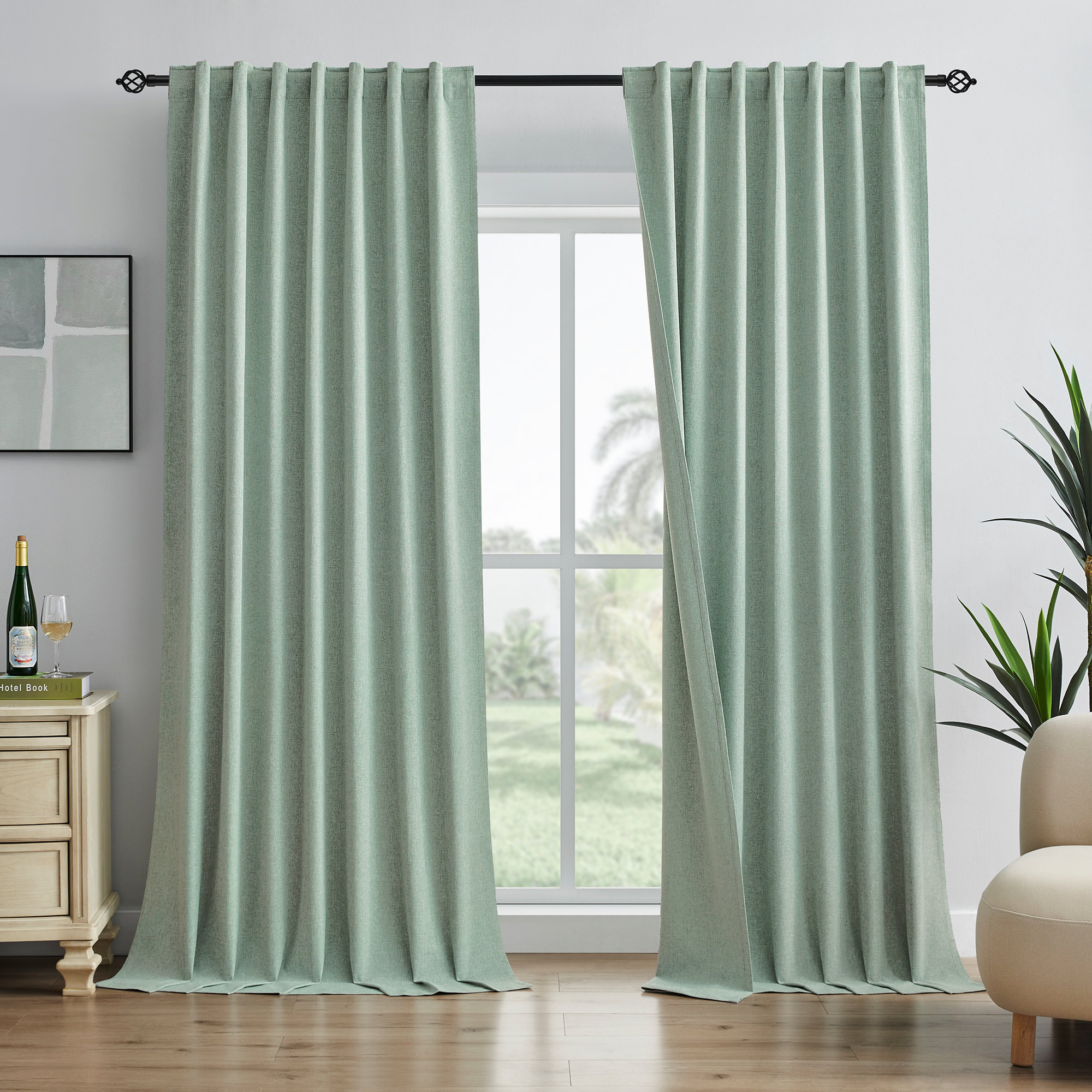 Leming 100% Polyester Burlap Blackout Curtains for Bedroom Back Tab Curtains 2 Panels Set (Set of 2) Ebern Designs Curtain Color: Sage Green Size per, image size:2000x2000