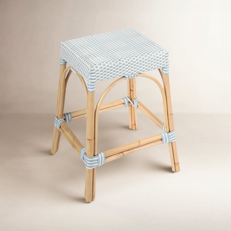 Lennart Counter/Bar Stool, White/Sky Blue Dot / Natural Rattan Frame, Counter Stool (24.5" Seat Height)