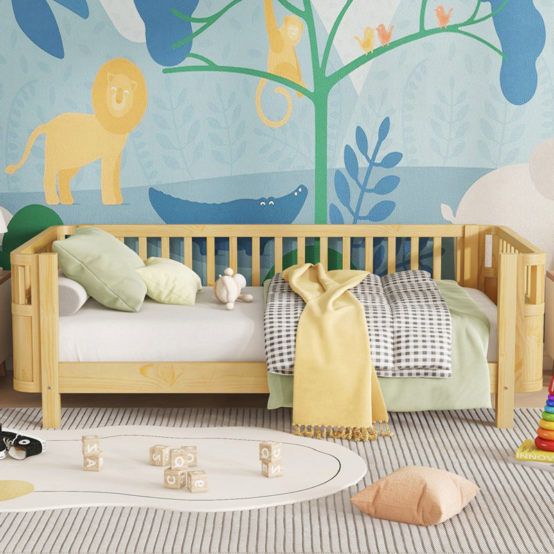Lit en bois à profil bas avec rails pour filles et garçons, Lit simple, Naturel
