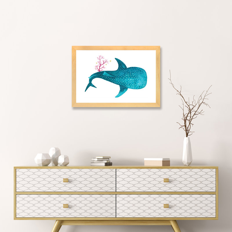 Requin baleine avec corail - imprimé, H 16 po x l 24 po x P 1 po, Papier avec cadre beige, Blanc