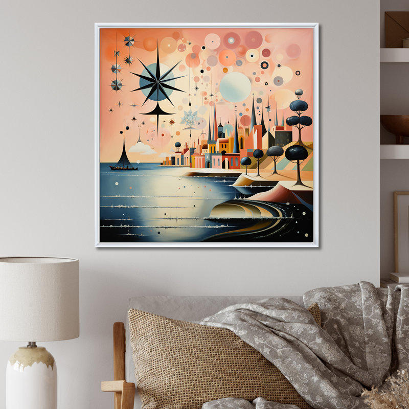 «Vintage City In Retro Pastel Palette» sur impression sur toile, H 30 po x l 30 po x P 1 po, Cadre flottant blanc