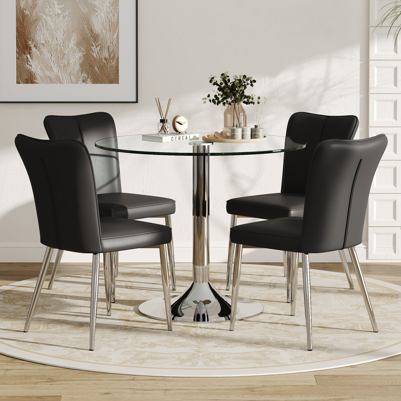 Modern Tempered Glass Round Dining Table Set With PU Leather Upholstered Dining Chairs, 5 Pieces: Table, 4 Chairs, Black