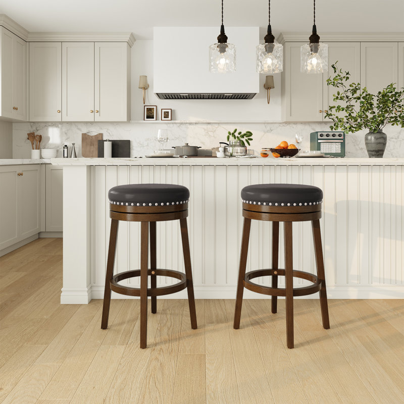 Upholstered Swivel Solid Wood Frame Bar Stool, Brown