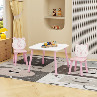 Kids Table and Chair Set, 3-Piece Wooden Toddler Desk with Animal Backrest, Activity Table for Drawing, Learning,Playroom or Nursery