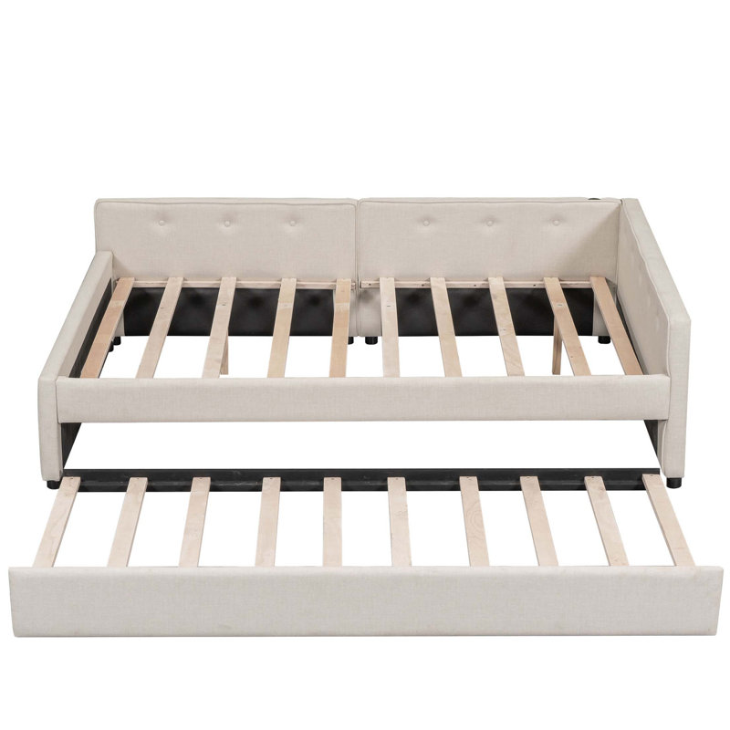 Lit plateforme tapissier avec port USB et gigogne, Lit double