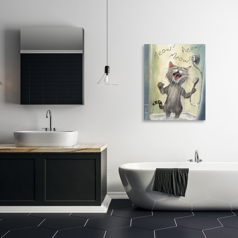 «Cat Singing In Shower» sur toile, H 40 po x l 30 po