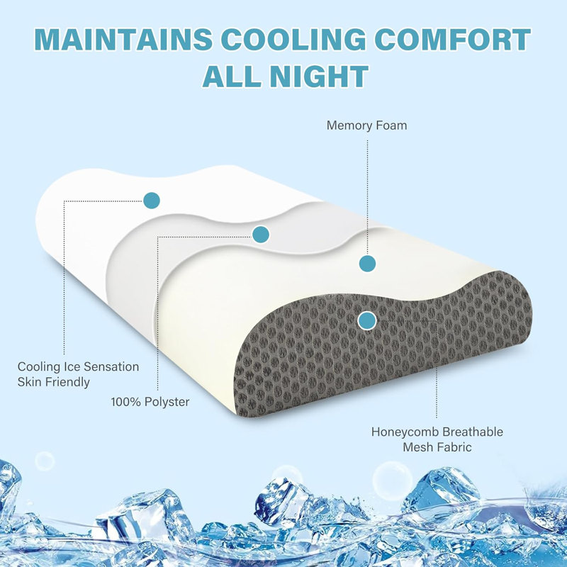 Ergonomic White and Gray Memory Foam Cooling Bed Pillows Set