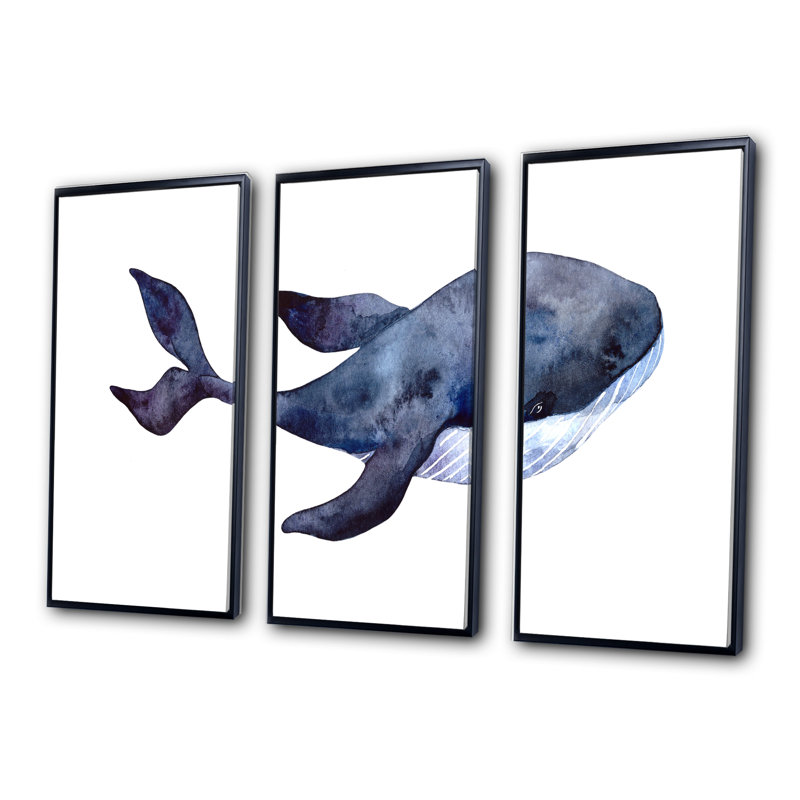 Baleine bleue sur blanc IV - ensemble d'art mural sur toile encadré nautique et côtier, H 28 po x l 36 po x P 1 po, Blanc
