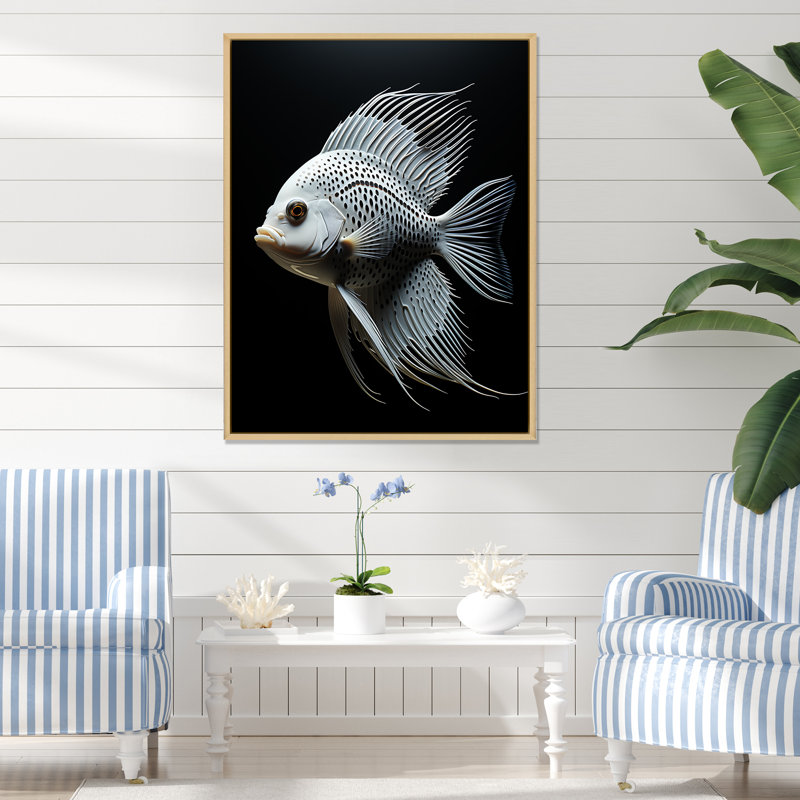Océanic minimaliste noir et blanc papillon poisson I - art mural poisson papillon, Cadre flottant brun