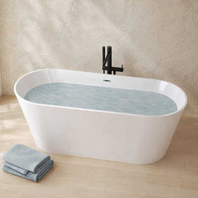 55" Gloss White Pedestal Freestanding Soaking Tub, Ergonomic Double-Walled 8-Layer UV5 Anti-Yellowing Acrylic Bathtub, Complete Chrome Overflow & Pop-Up Drain, CUPC Certified for Compact Modern Bathrooms
