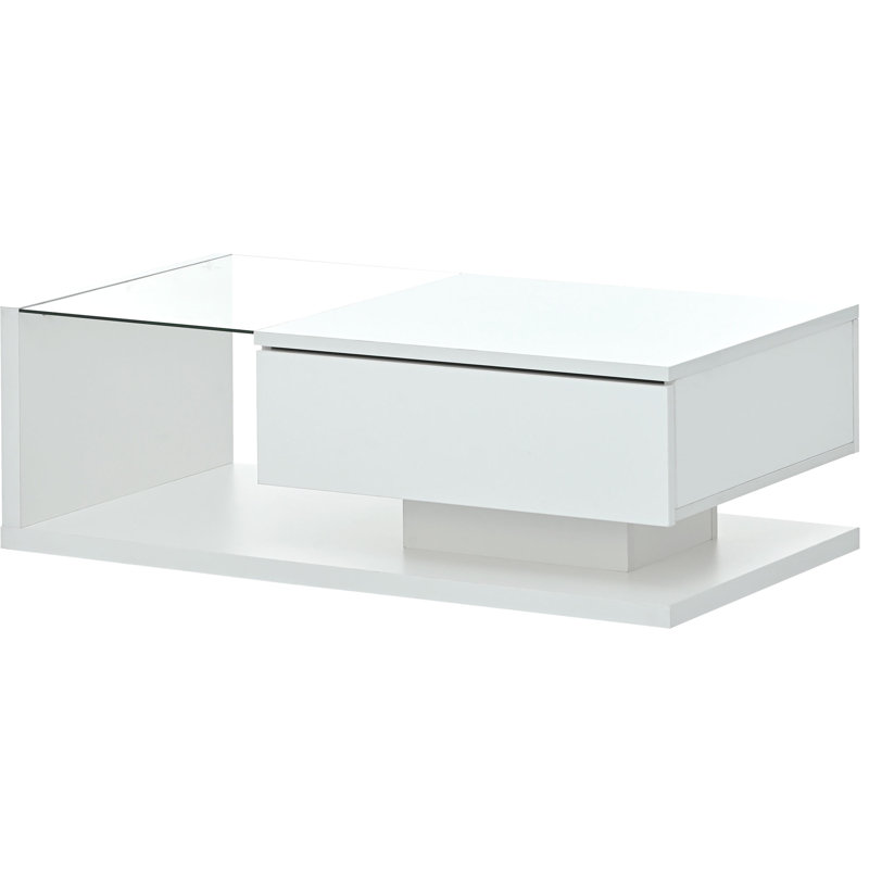 Rectangular Coffee Table With Particle Board And Tempered Glass, Black Practical Design Glass Top, White