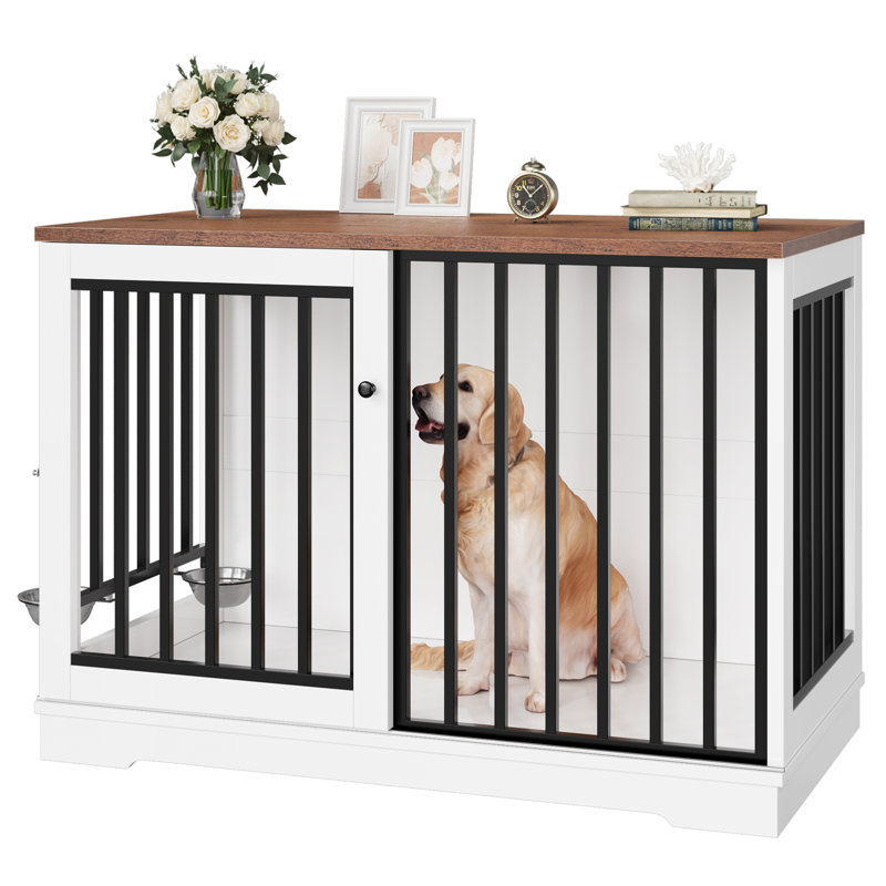 47.2''W Sturdy Large Dog Crate Furniture with 2 Feeding Bowls, Brown/White
