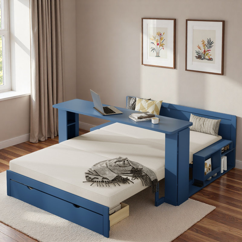 Multifunctional Daybed With Storage Drawer, Open Compartments And Hydraulic Side Table, Blue, Full/Double