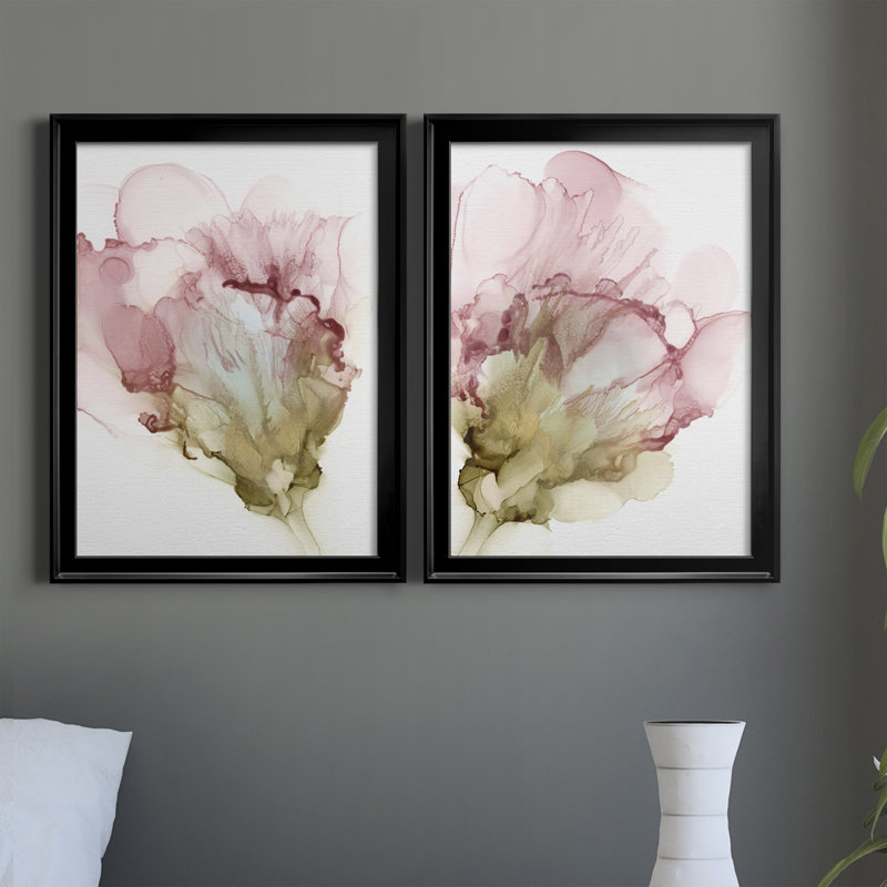 «Flowering Pink I», ensemble de 2 impressions sur toile encadrées, Cadre noir, H 36,5 po x l 26,5 po x P 1,25 po