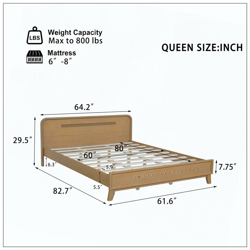Pine Solid Wood Bed With Solid And Stable Structure No Box Spring Needed, Queen