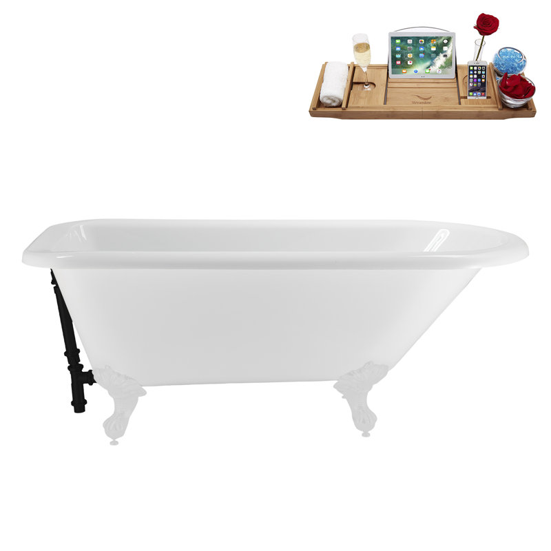 62" Streamline Clawfoot Tub,Tray,Drain, Clawfeet, Glossy White, Matte Black