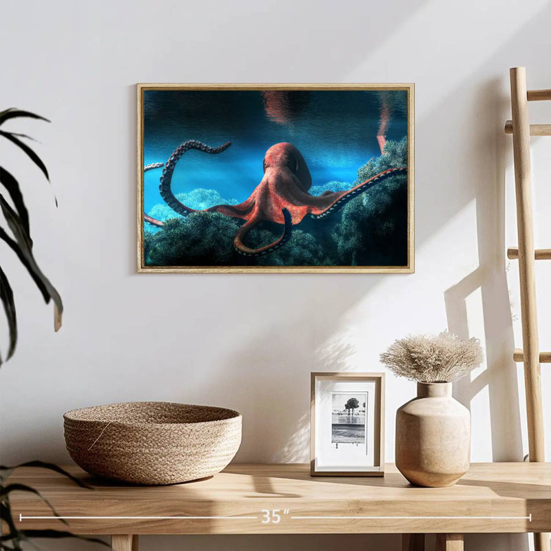 Adult Octopus, Floating Frame Natural Wood, 19" X 13"