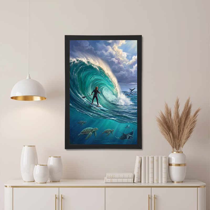 «Paddleboarder on Massive Teal Wave with Sea Turtles», art mural, 30"H x 20"W
