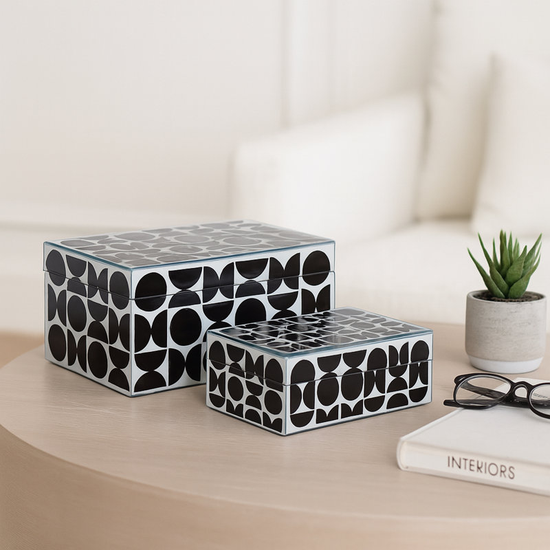 Boîte décorative avec couvercle pour la maison - Boîte de rangement décorative et organisateur avec motif abstrait - Boîtes à imprimé moderne pour bijoux ou bibelots dans le salon, la chambre à coucher ou le bureau - ensemble de 2, 11 po, noir
