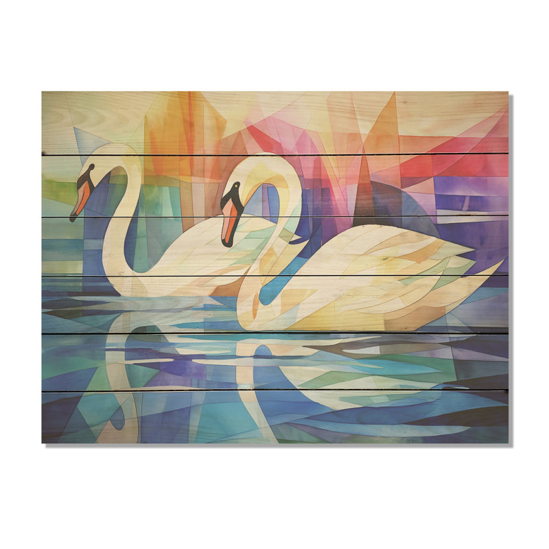 Cubic Swan Sonata Melody - cygnes, art sur bois de pin naturel, H 10 po x l 20 po