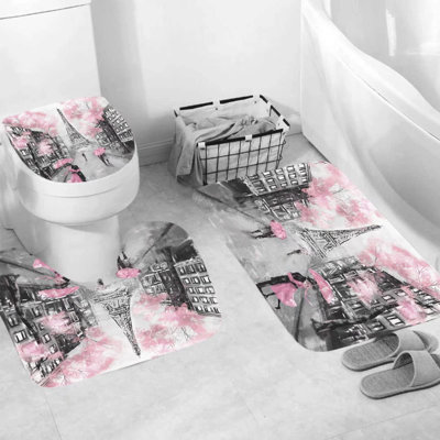 4Pcs Paris Eiffel Tower Pink Shower Curtain Sets Bathroom Set Decor With Non-Slip Rugs Bath U-Shaped Mat Toilet Lid Cover Waterproof Valentine Bathroom Curtains Shower Set With 12 Hooks
