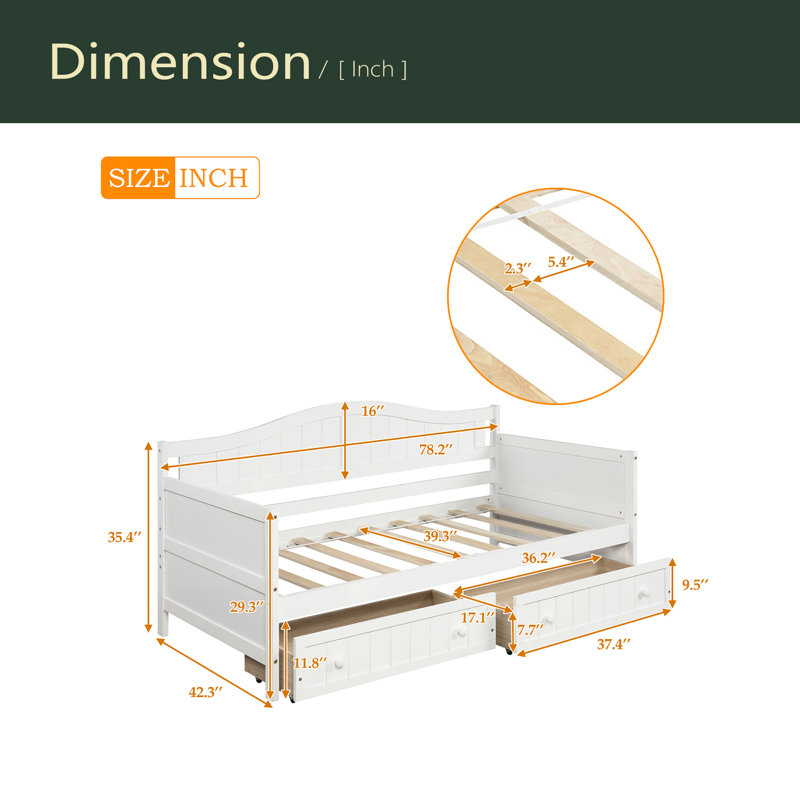 Lit de jour simple en bois avec 2 tiroirs, canapé-lit pour le salon de la chambre à coucher, aucun sommier nécessaire, Blanc