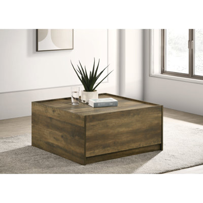 31.5"W Square Coffee Table, Oak, Raised Lip And 2 Drawers For Home Living Room Decoration Oak Table With Top, Modern Space