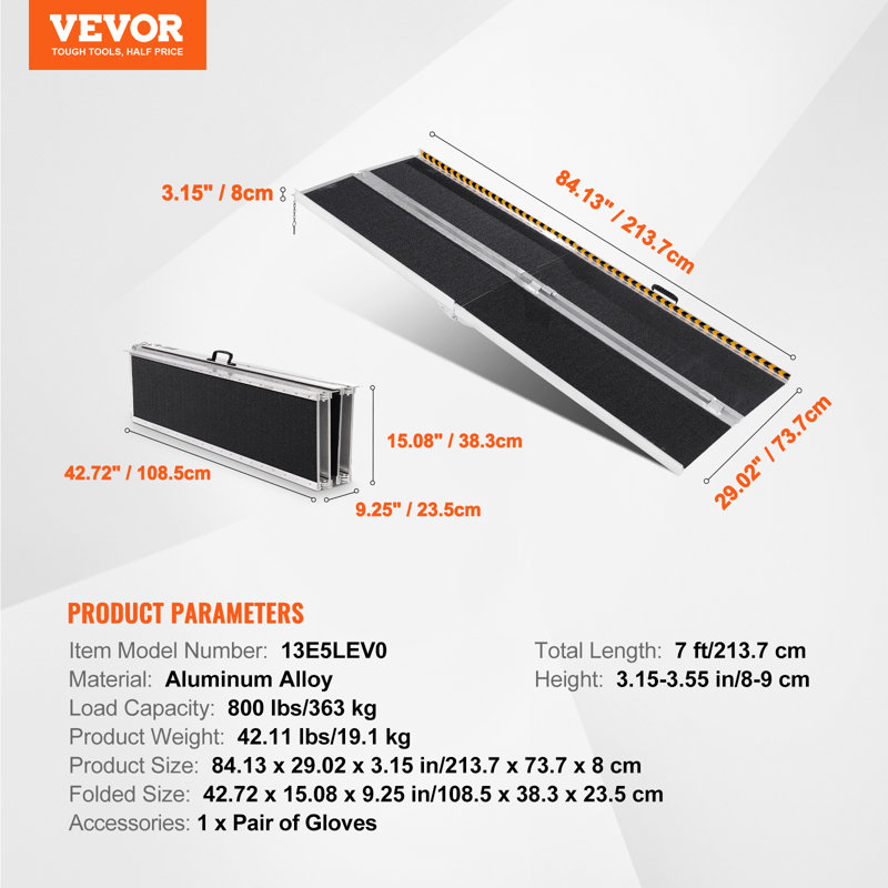 VEVOR Aluminum Foldable 3.15'' L Threshold Ramp, 15.08" H x 42.72" W x 9.25" D