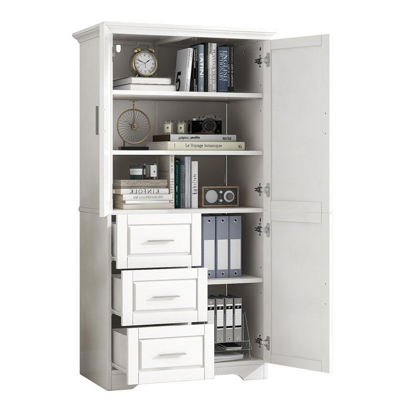 Armoire de rangement haute et large avec portes pour salle de bain / bureau, trois tiroirs, blanc, Blanc