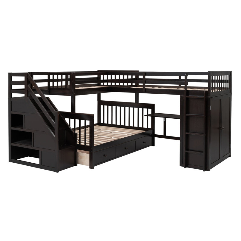 Lit superposé simple au-dessus d'un lit double en L avec 3 tiroirs, bureau portatif et garde-robe, espresso (ANCIEN SKU: LT100542AAP)